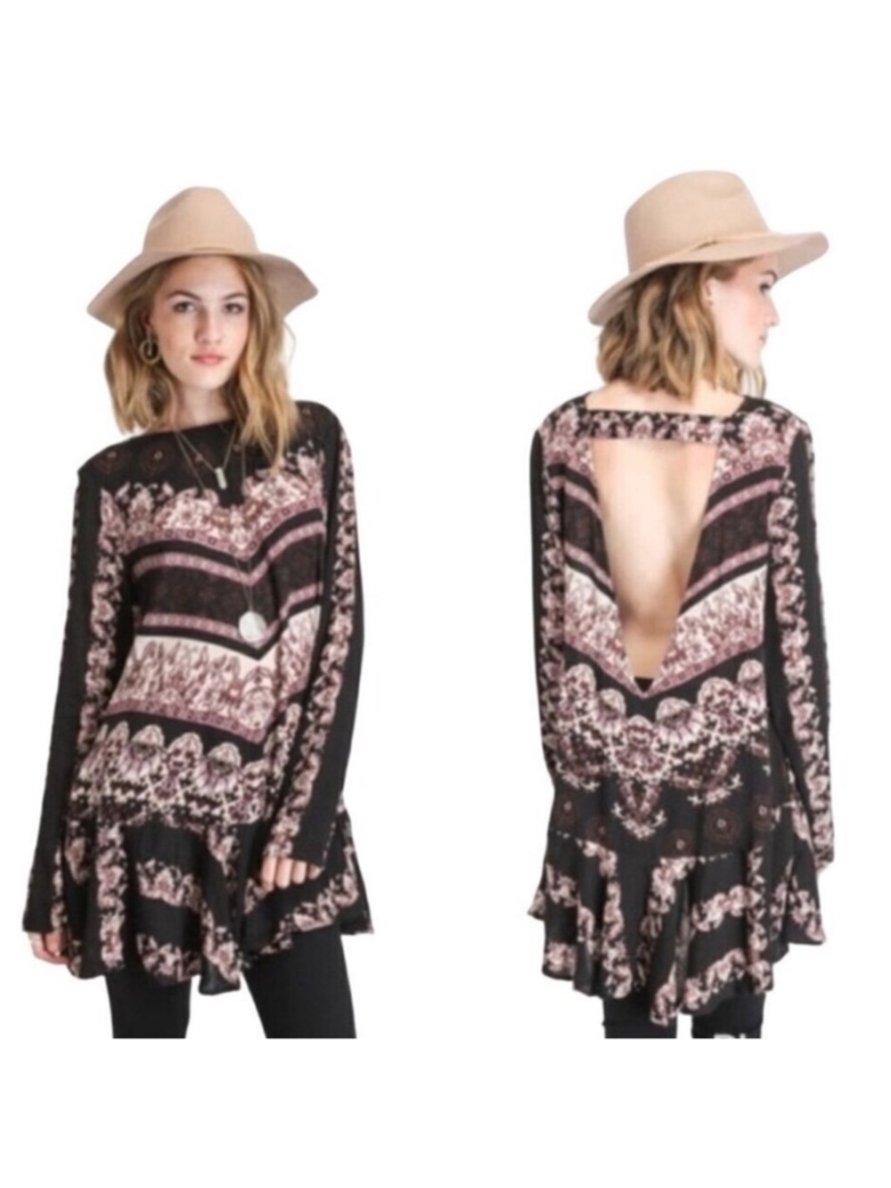 Free People Smooth Talker Open Back Flounce Hem Black Purple Tunic Dress Size XS